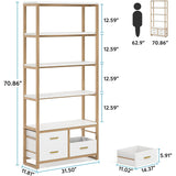 5-Tier Bookshelf, 70.9" Wooden Bookcase with 4 Storage Drawers