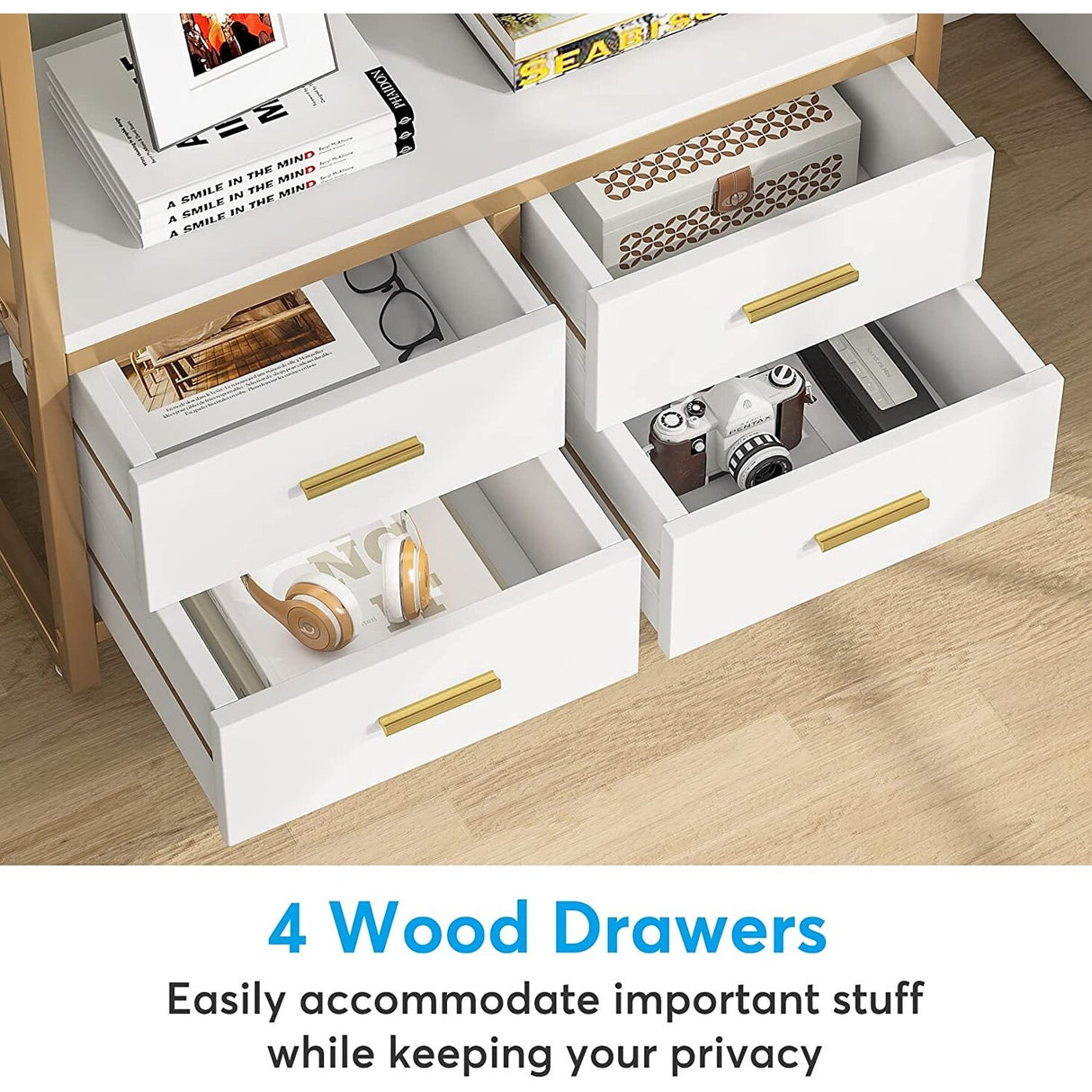 5-Tier Bookshelf, 70.9" Wooden Bookcase with 4 Storage Drawers