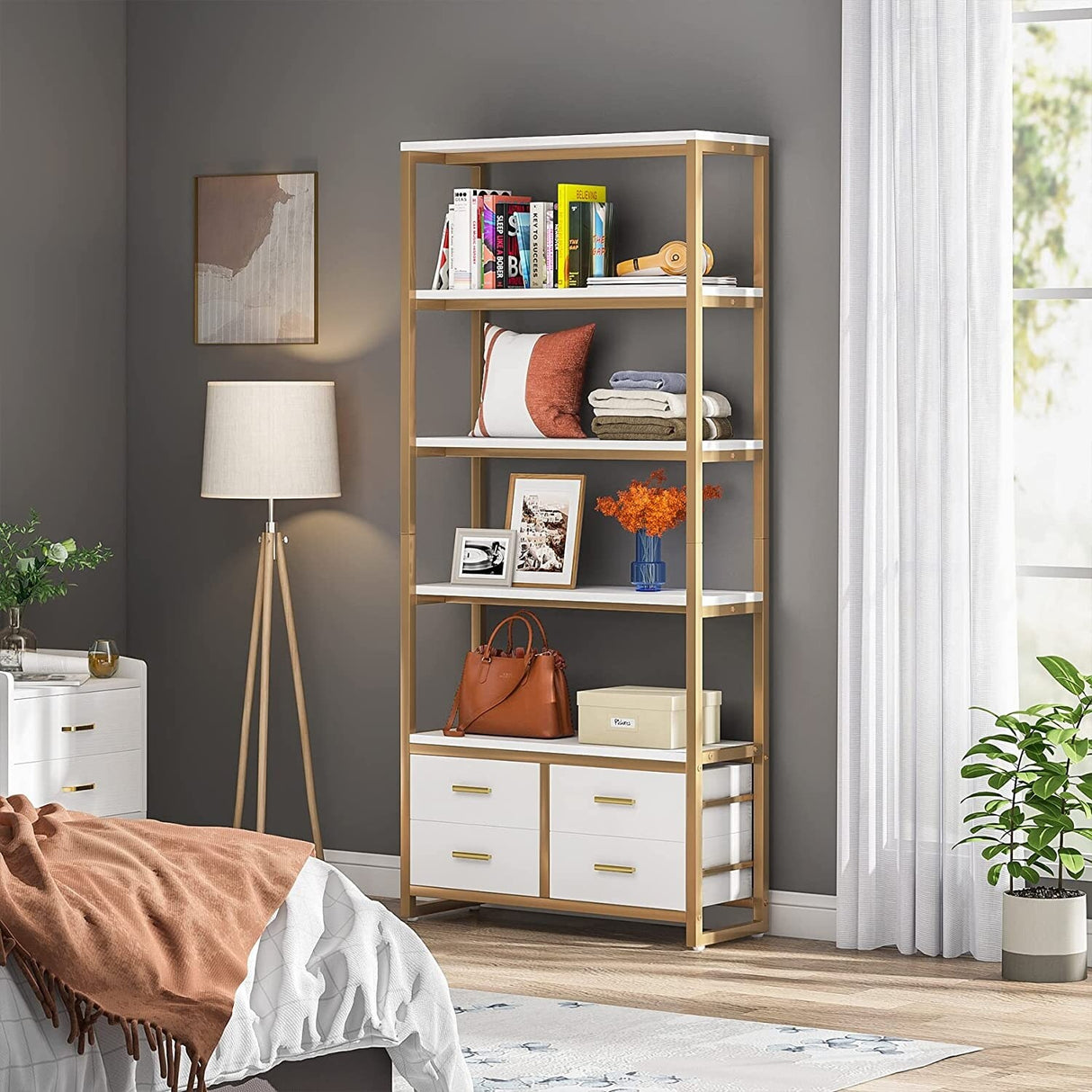 5-Tier Bookshelf, 70.9" Wooden Bookcase with 4 Storage Drawers