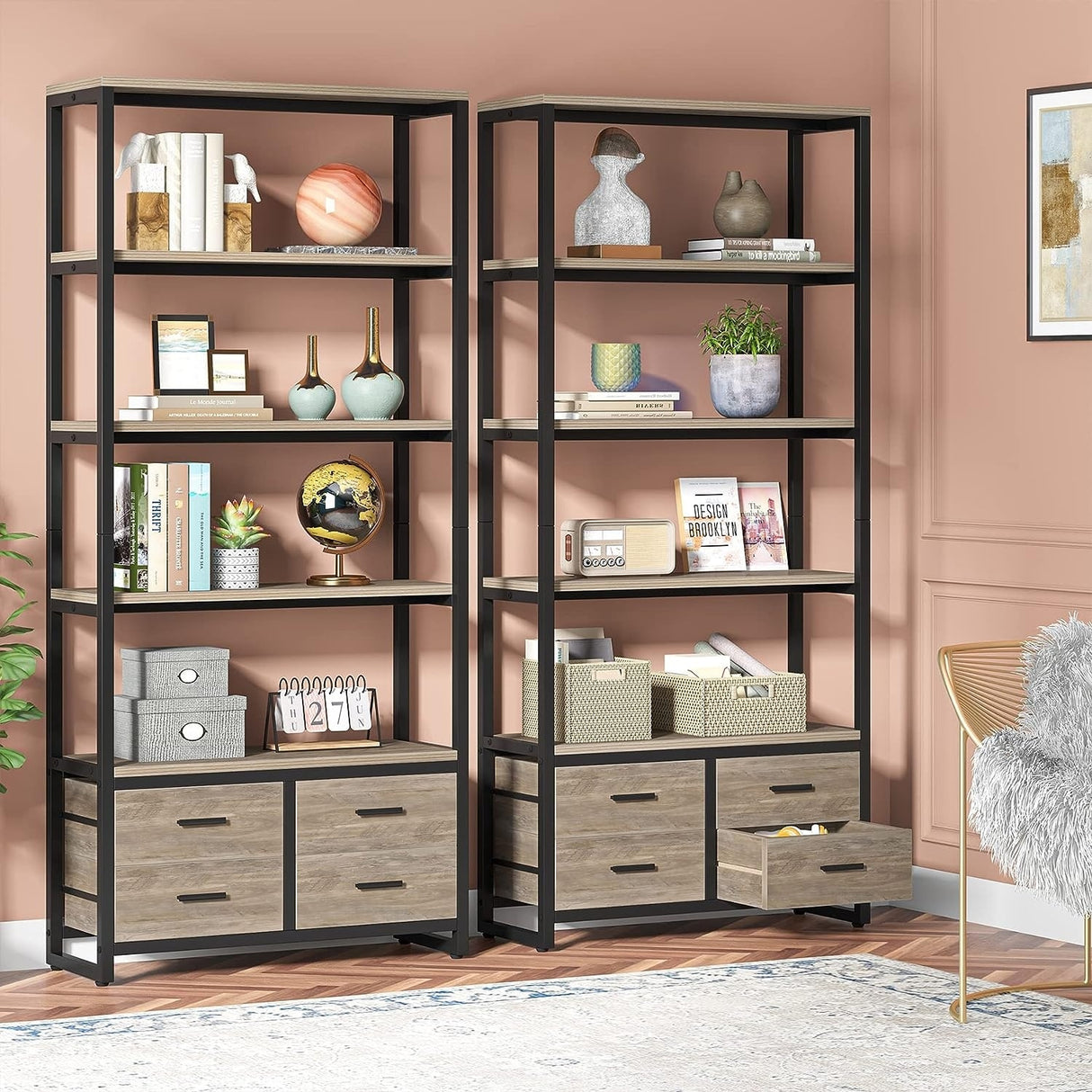 5-Tier Bookshelf, 70.9" Wooden Bookcase with 4 Storage Drawers