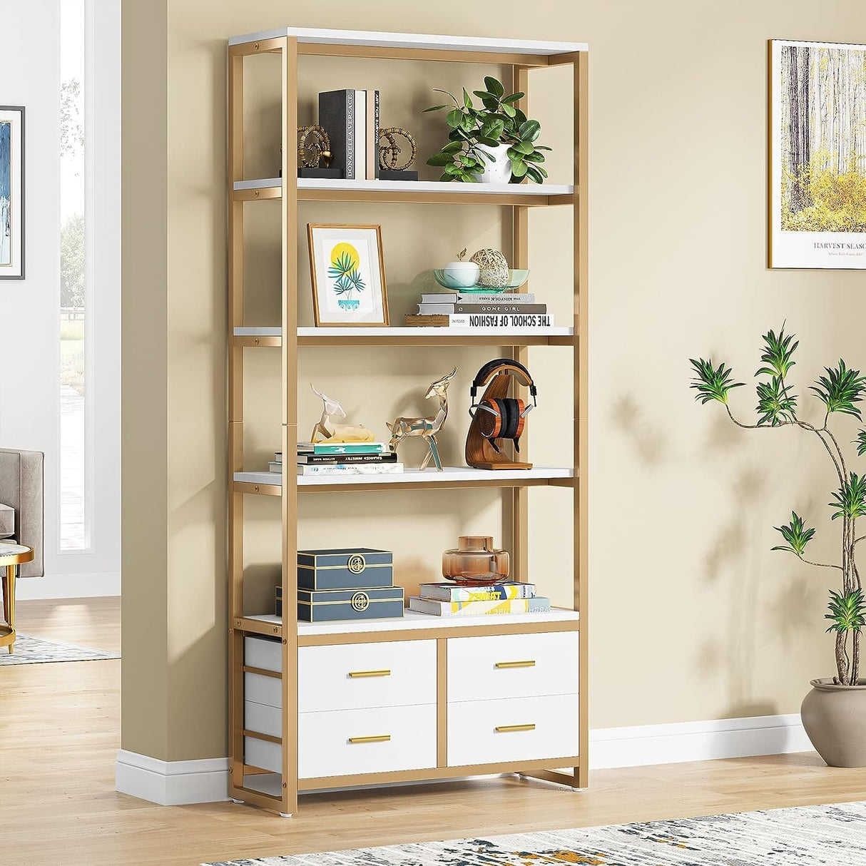 5-Tier Bookshelf, 70.9" Wooden Bookcase with 4 Storage Drawers