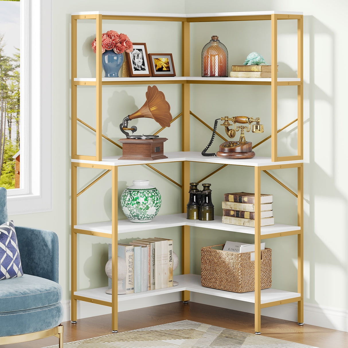5-Tier Corner Bookshelf, 67" Tall Large Industrial L-Shaped Bookcase Open Shelves Display Organizer