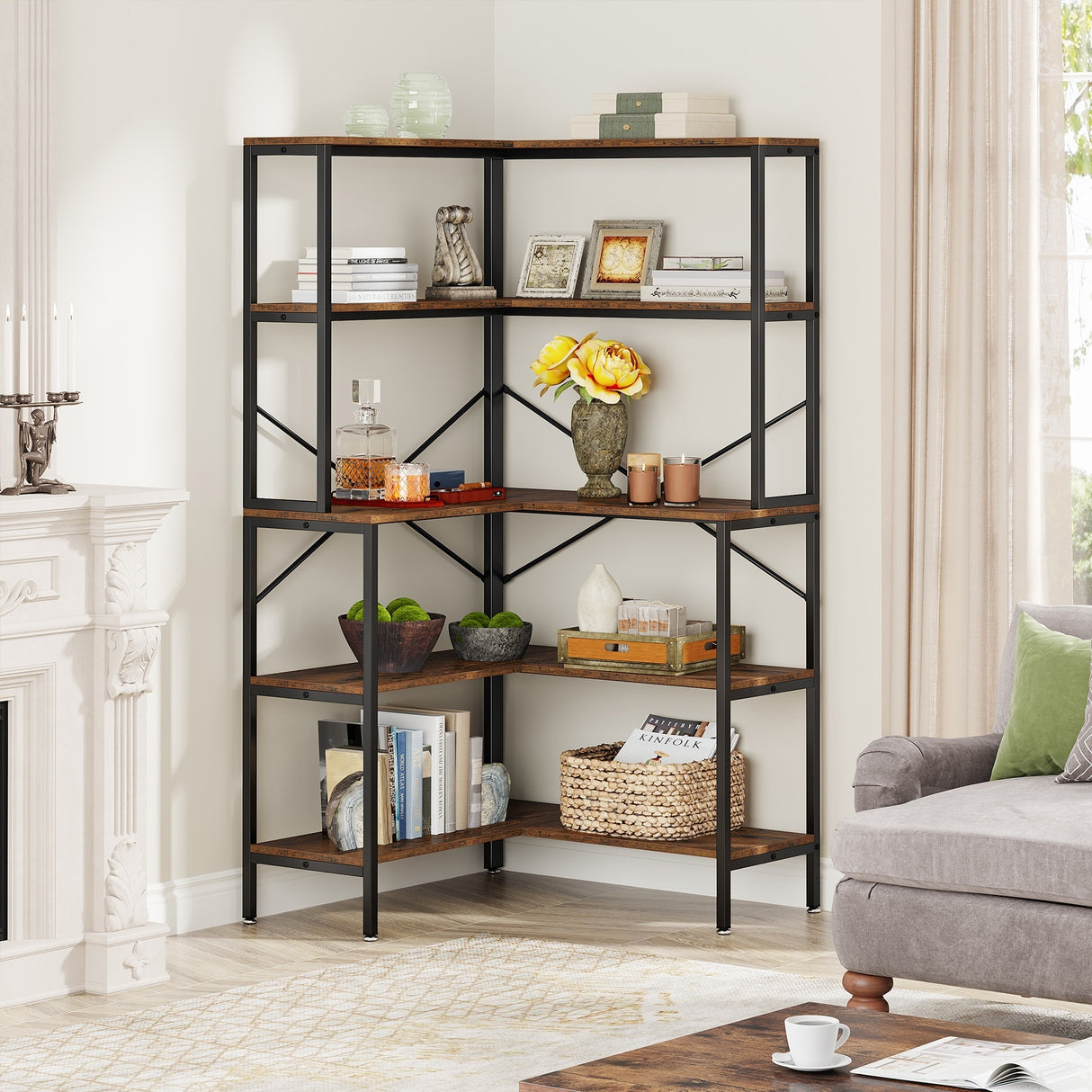 5-Tier Corner Bookshelf, 67" Tall Large Industrial L-Shaped Bookcase Open Shelves Display Organizer