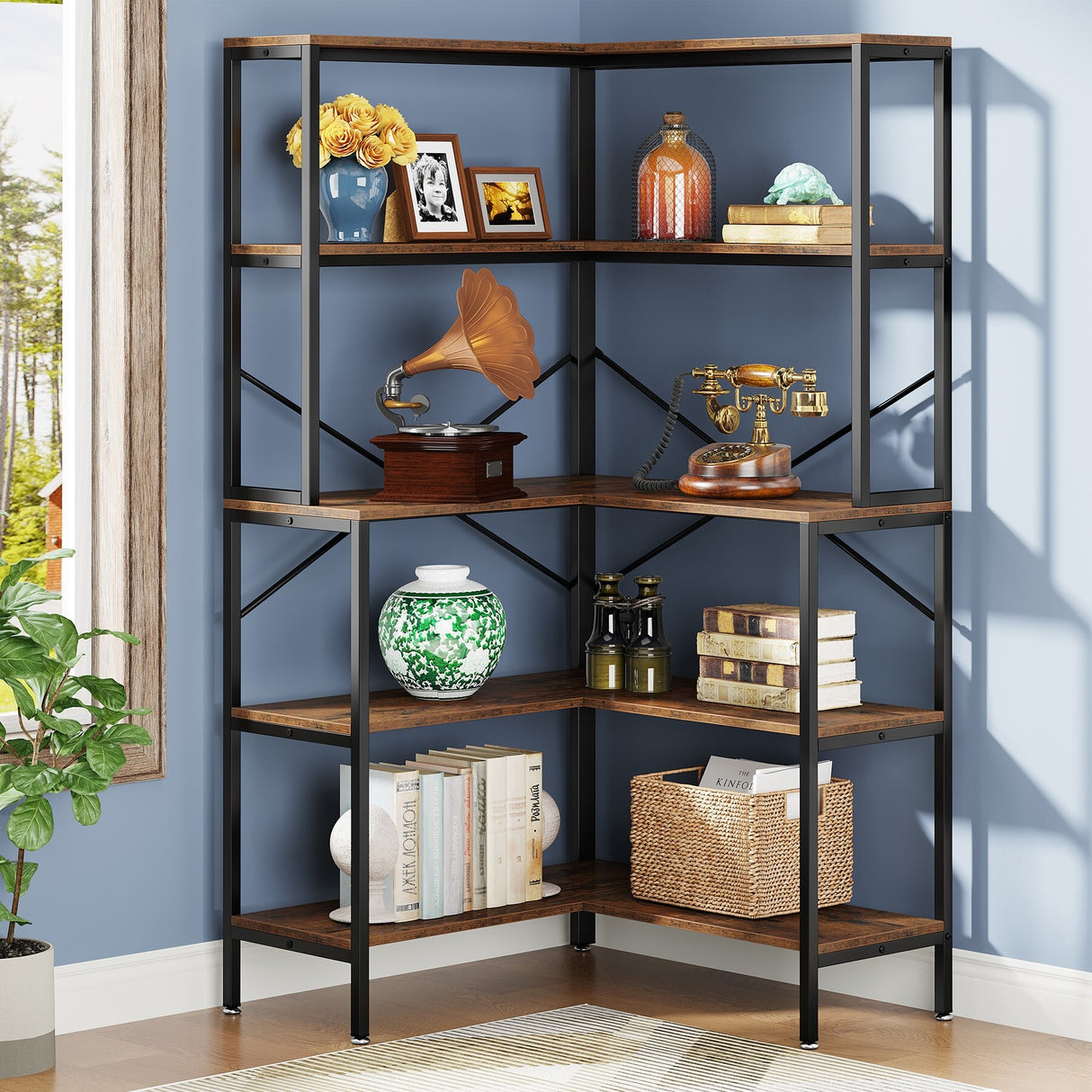 5-Tier Corner Bookshelf, 67" Tall Large Industrial L-Shaped Bookcase Open Shelves Display Organizer