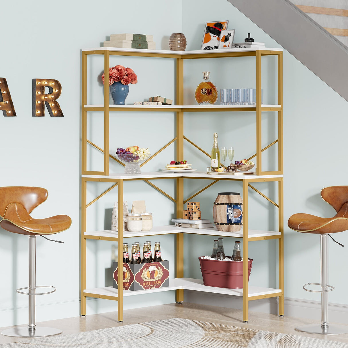5-Tier Corner Bookshelf, 67" Tall Large Industrial L-Shaped Bookcase Open Shelves Display Organizer