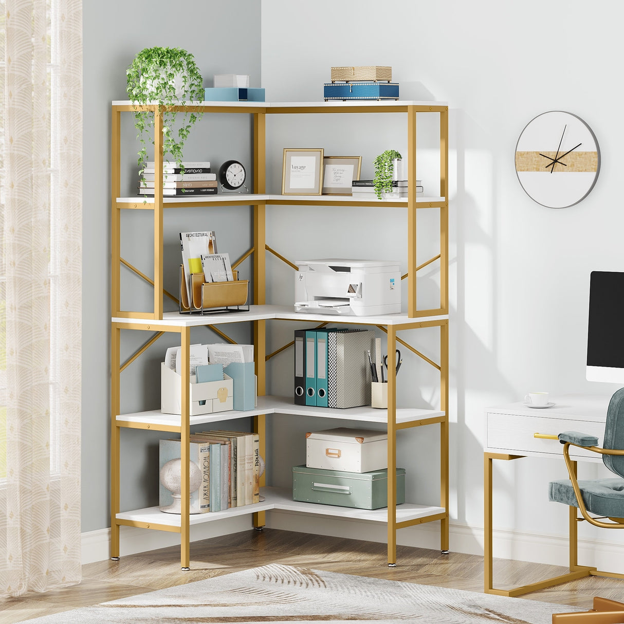 5-Tier Corner Bookshelf, 67" Tall Large Industrial L-Shaped Bookcase Open Shelves Display Organizer