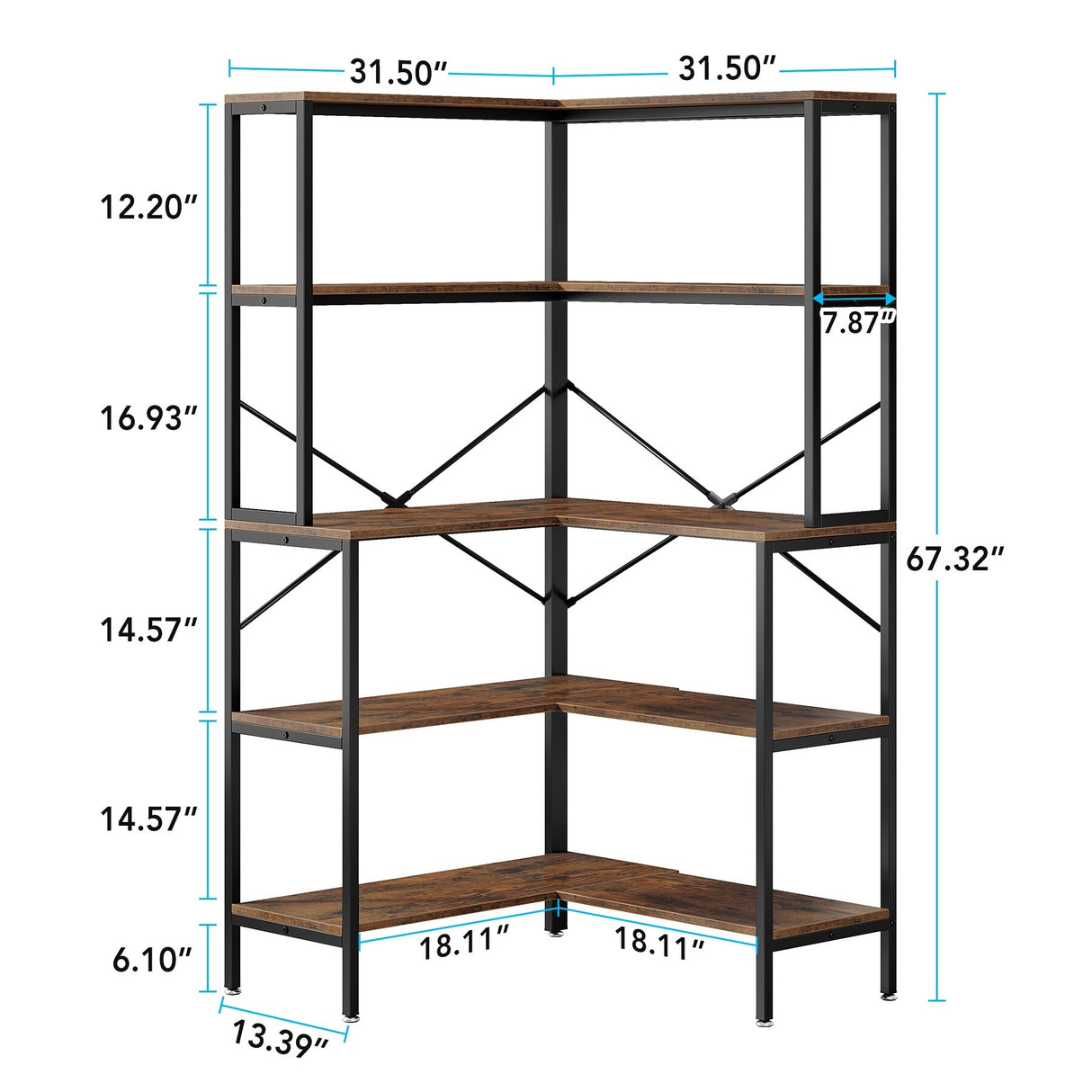 5-Tier Corner Bookshelf, 67" Tall Large Industrial L-Shaped Bookcase Open Shelves Display Organizer
