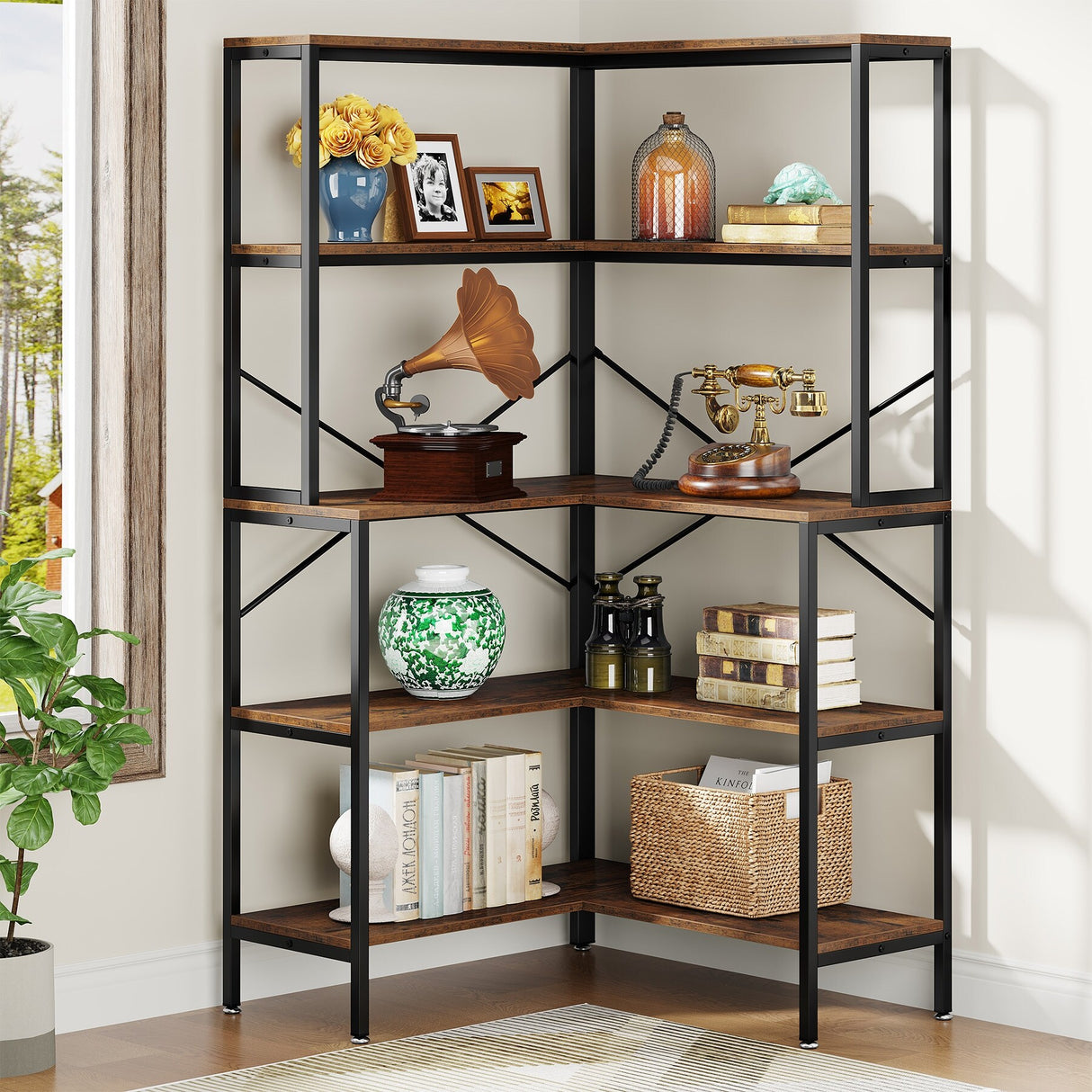 5-Tier Corner Bookshelf, 67" Tall Large Industrial L-Shaped Bookcase Open Shelves Display Organizer