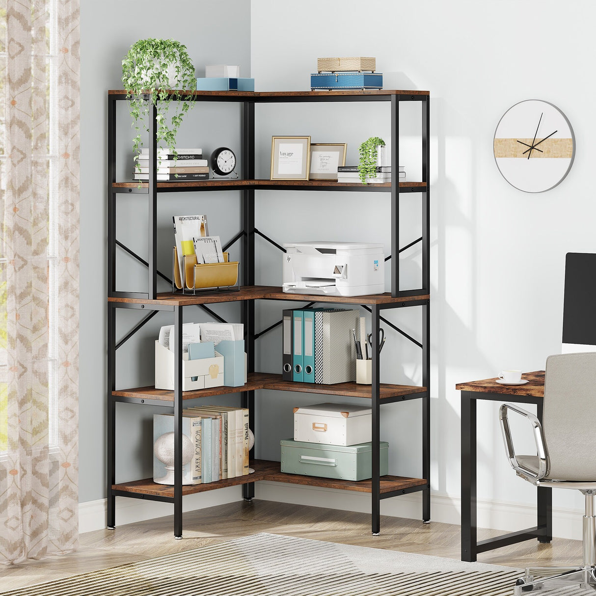 5-Tier Corner Bookshelf, 67" Tall Large Industrial L-Shaped Bookcase Open Shelves Display Organizer