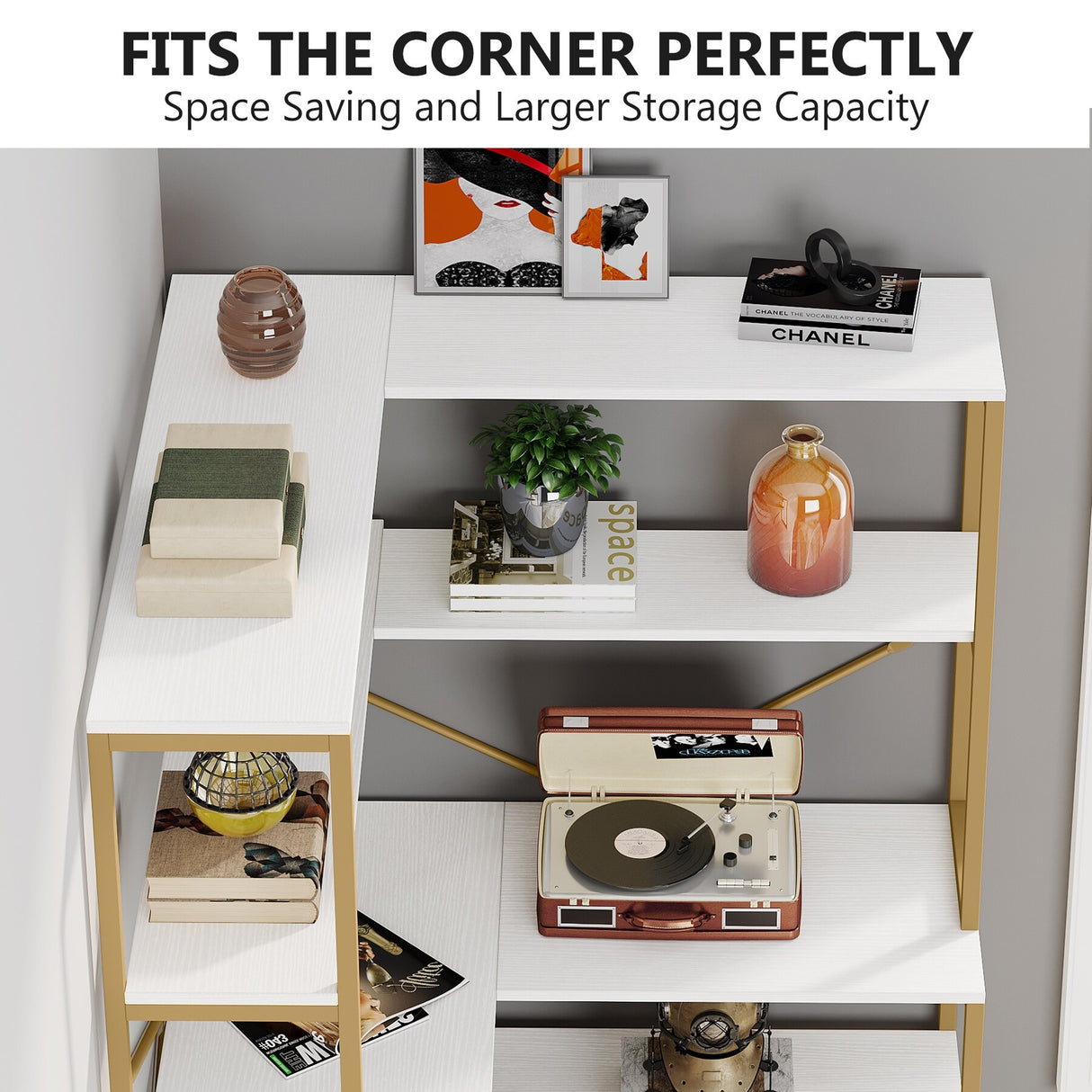 5-Tier Corner Bookshelf, 67" Tall Large Industrial L-Shaped Bookcase Open Shelves Display Organizer