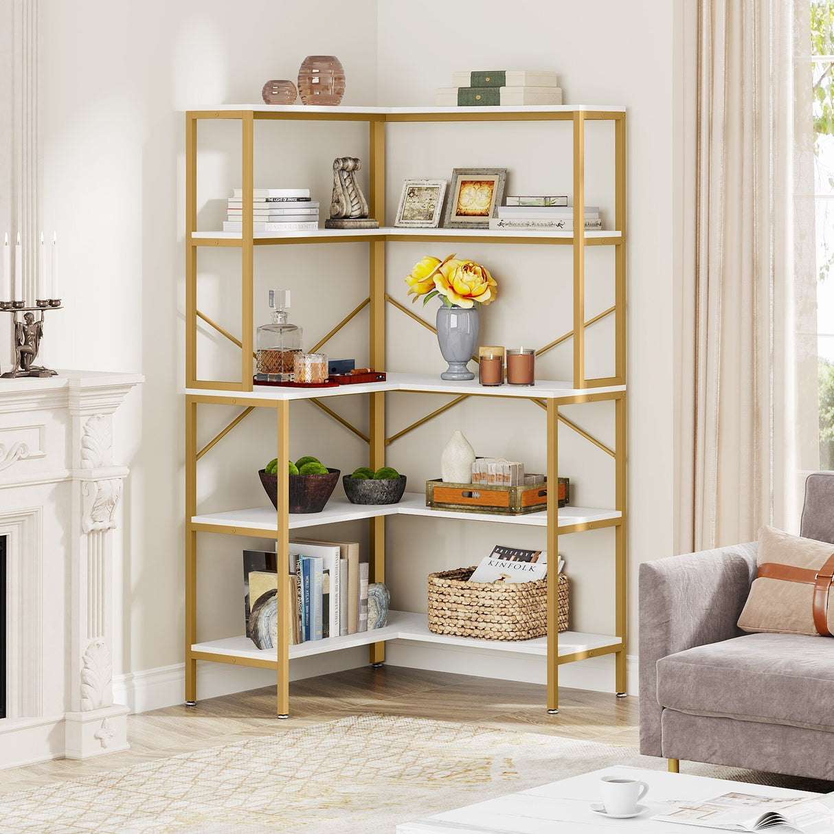 5-Tier Corner Bookshelf, 67" Tall Large Industrial L-Shaped Bookcase Open Shelves Display Organizer