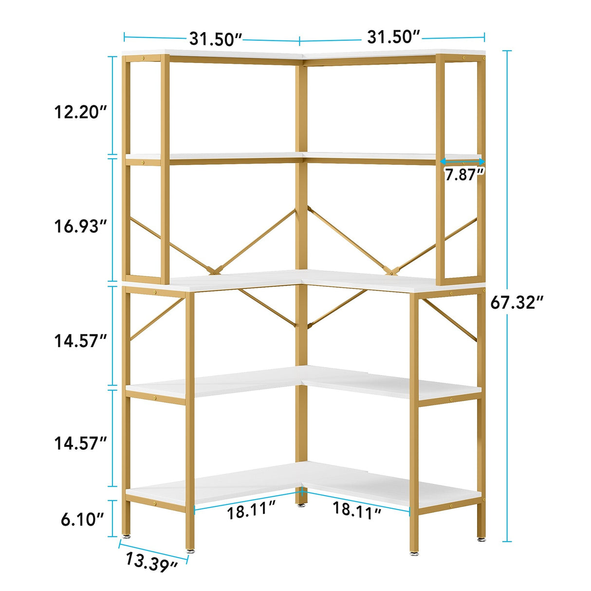 5-Tier Corner Bookshelf, 67" Tall Large Industrial L-Shaped Bookcase Open Shelves Display Organizer