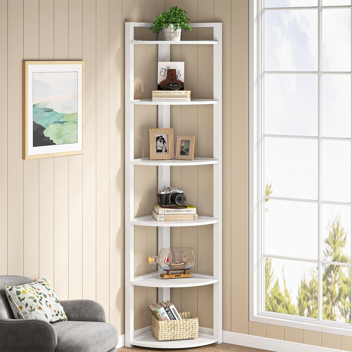 5 Tier Corner Shelves, Rustic Industrial Corner Bookshelf Bookcase