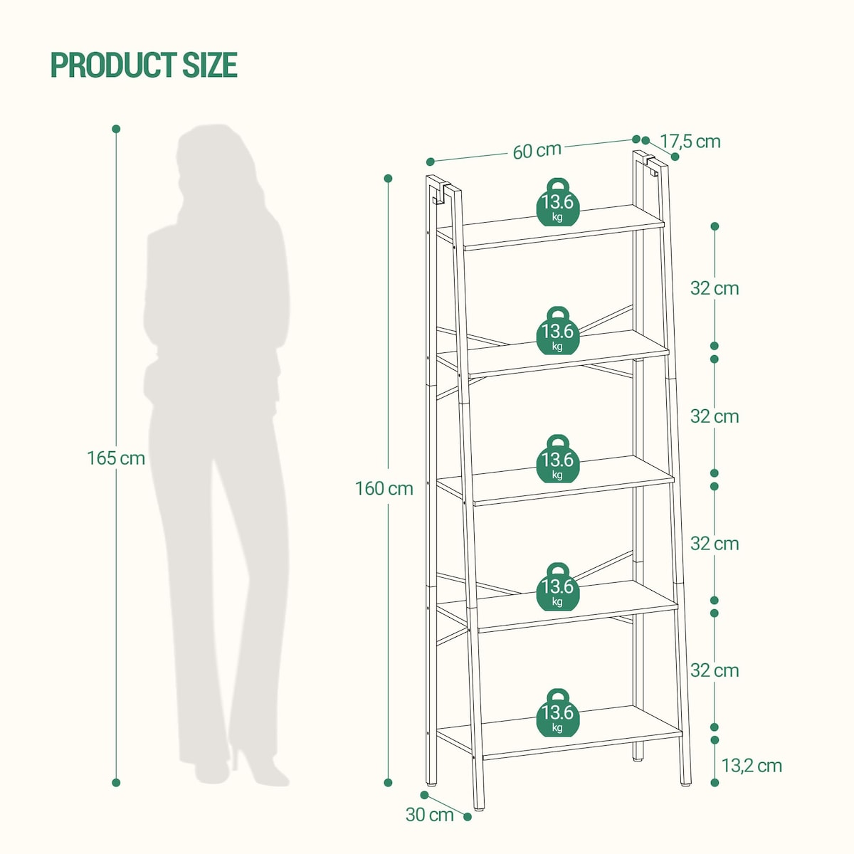 5-Tier Ladder Shelf, Wide Bookshelf Bookcase, Freestanding Corner Storage Shelve with 2 Hooks