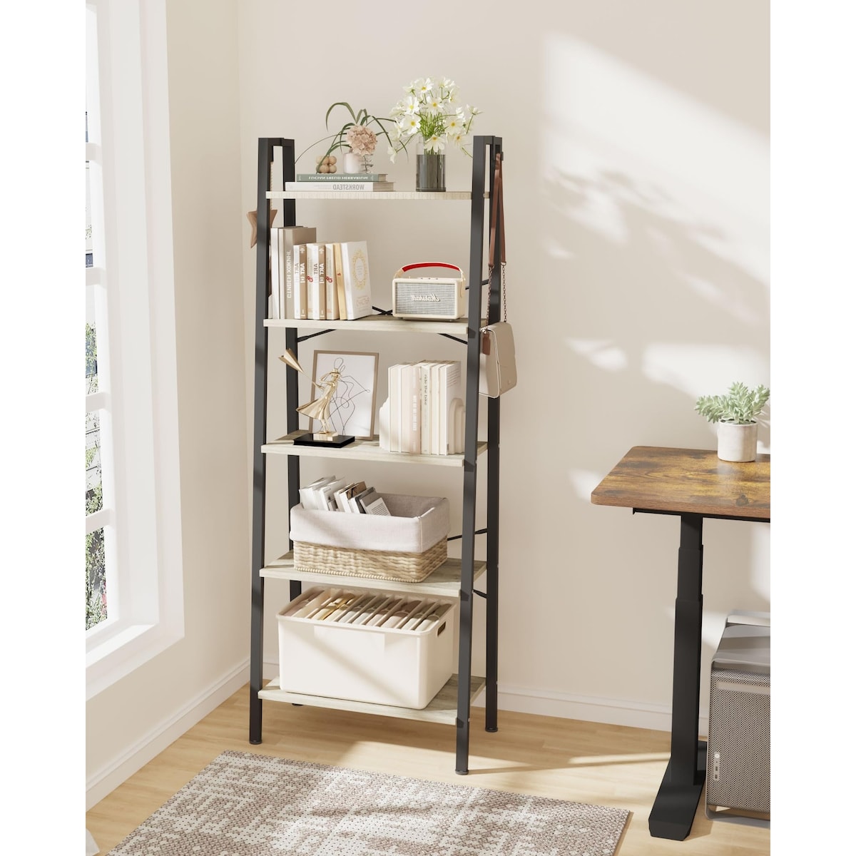 5-Tier Ladder Shelf, Wide Bookshelf Bookcase, Freestanding Corner Storage Shelve with 2 Hooks