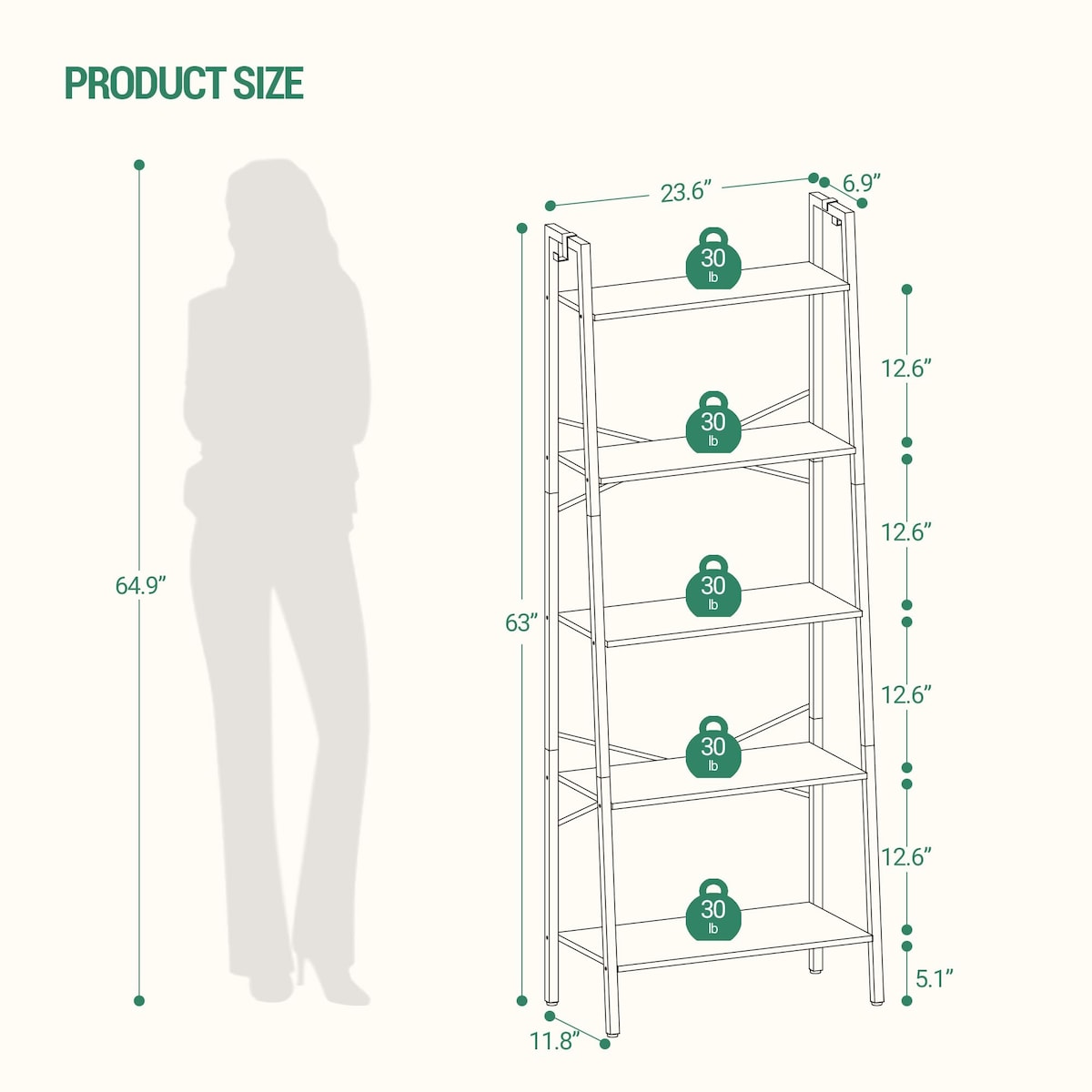 5-Tier Ladder Shelf, Wide Bookshelf Bookcase, Freestanding Corner Storage Shelve with 2 Hooks
