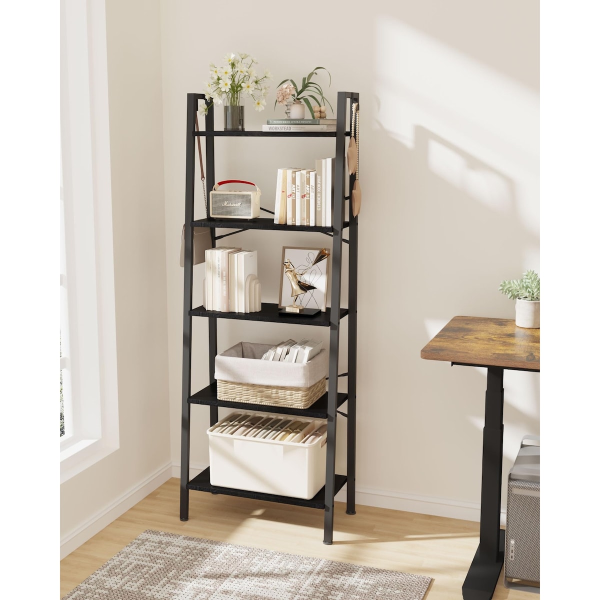 5-Tier Ladder Shelf, Wide Bookshelf Bookcase, Freestanding Corner Storage Shelve with 2 Hooks
