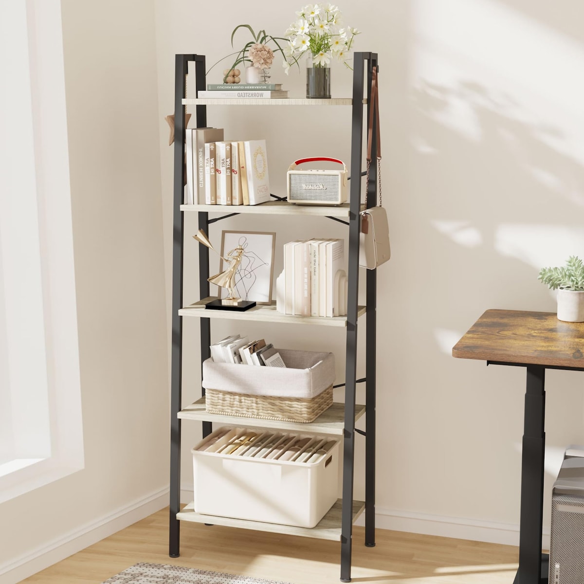 5-Tier Ladder Shelf, Wide Bookshelf Bookcase, Freestanding Corner Storage Shelve with 2 Hooks