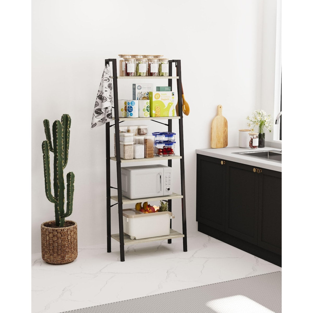 5-Tier Ladder Shelf, Wide Bookshelf Bookcase, Freestanding Corner Storage Shelve with 2 Hooks