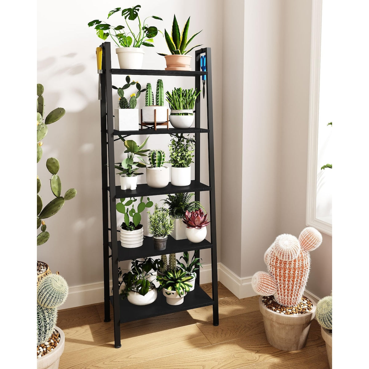 5-Tier Ladder Shelf, Wide Bookshelf Bookcase, Freestanding Corner Storage Shelve with 2 Hooks