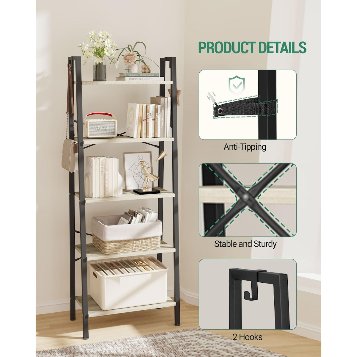 5-Tier Ladder Shelf, Wide Bookshelf Bookcase, Freestanding Corner Storage Shelve with 2 Hooks