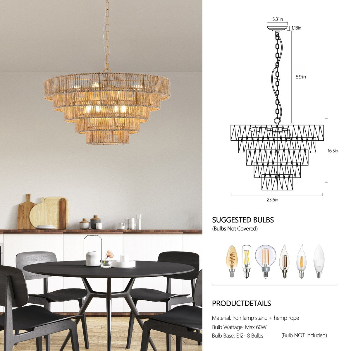5-Tier Metal Frames Rattan Chandelier Brown Pendant Light / No Bulbs