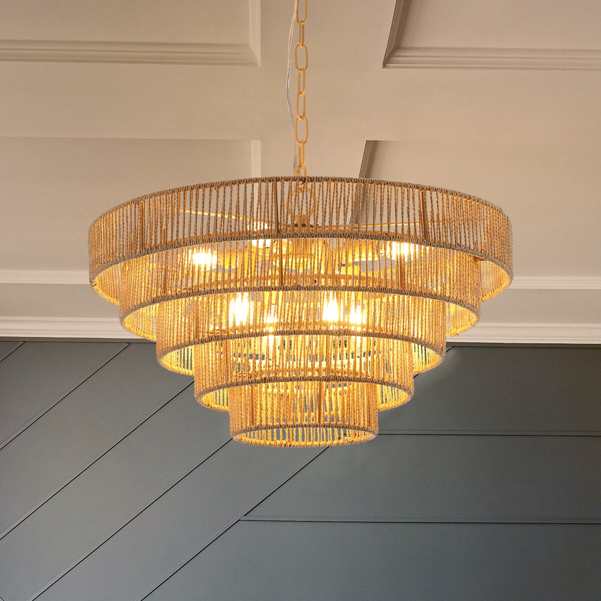 5-Tier Metal Frames Rattan Chandelier Brown Pendant Light / No Bulbs