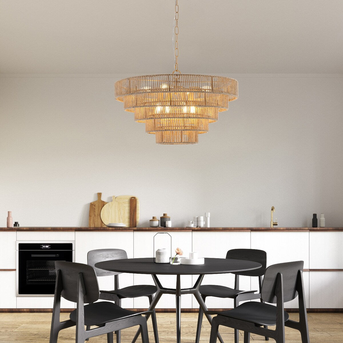 5-Tier Metal Frames Rattan Chandelier Brown Pendant Light / No Bulbs