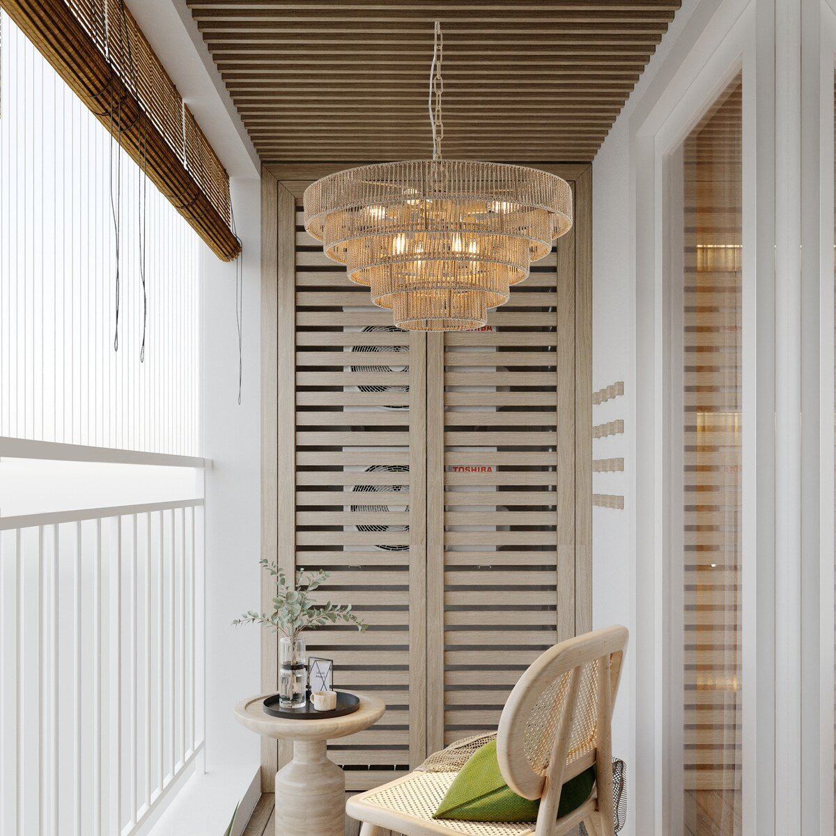 5-Tier Metal Frames Rattan Chandelier Brown Pendant Light / No Bulbs