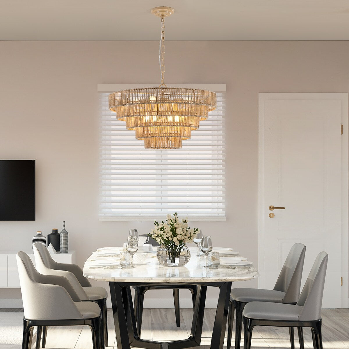 5-Tier Metal Frames Rattan Chandelier Brown Pendant Light / No Bulbs