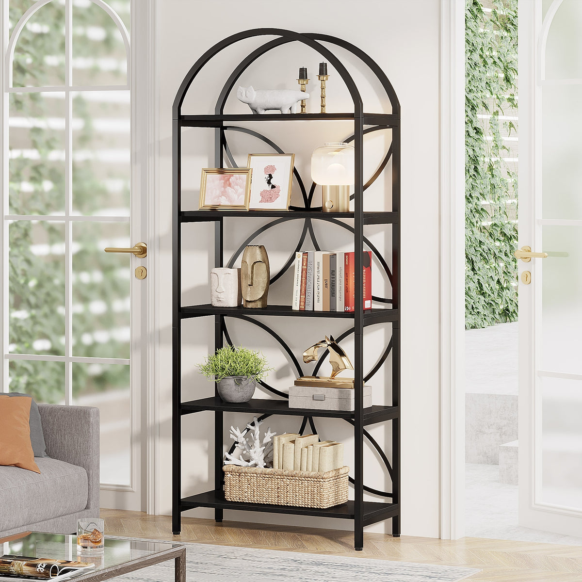 5-Tier Open Bookshelf, 75 Inch Arched Bookcase Shelf