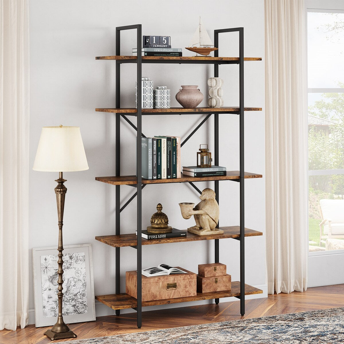 5 Tier Shelf Bookcase Tall Bookshelf with Storage