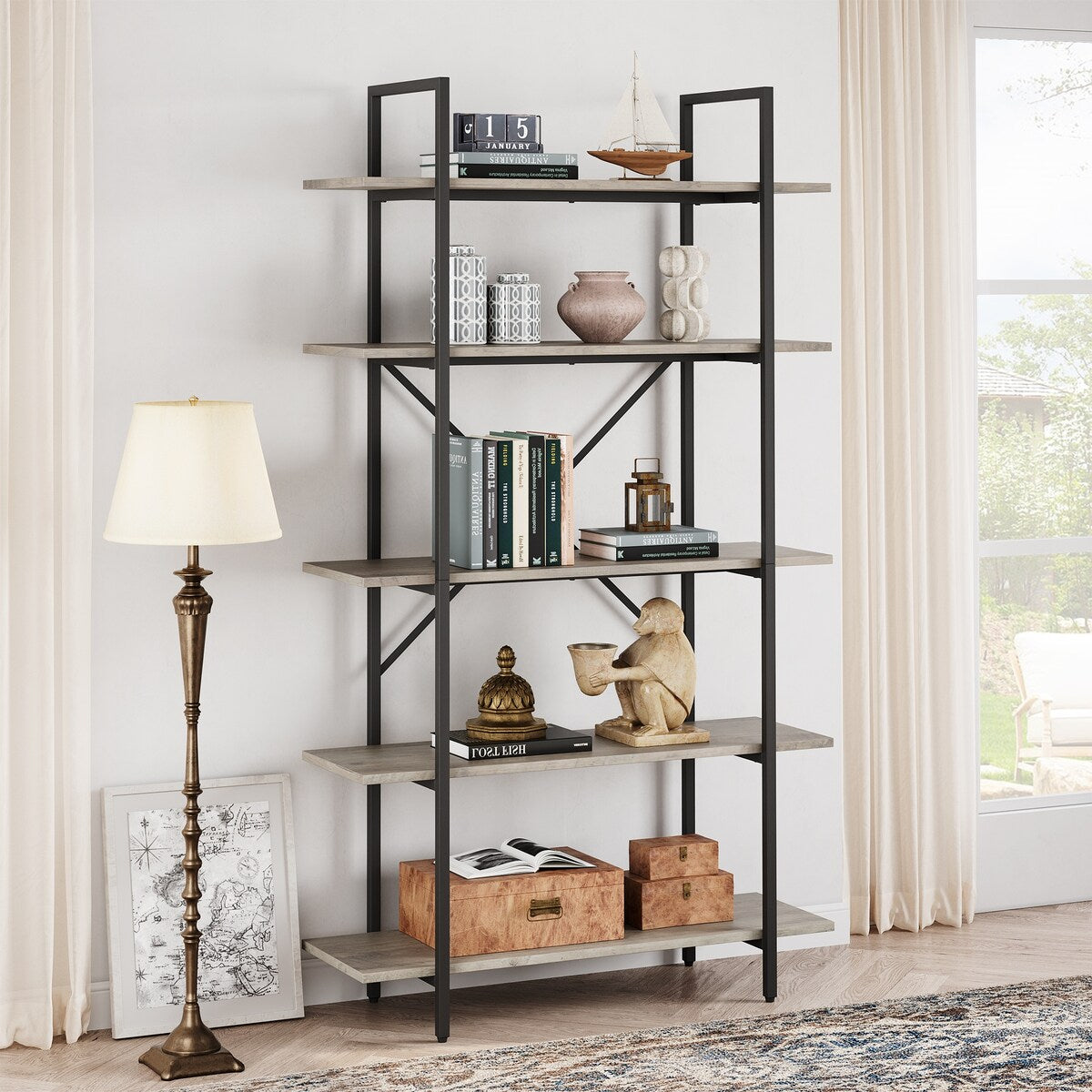 5 Tier Shelf Bookcase Tall Bookshelf with Storage Overstock