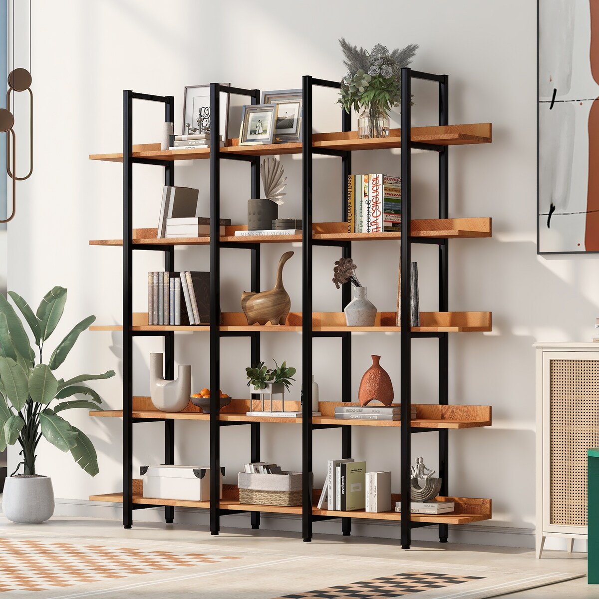 5 Tier Shelf Storage Home Office Open Bookshelf with Metal and MDF Board