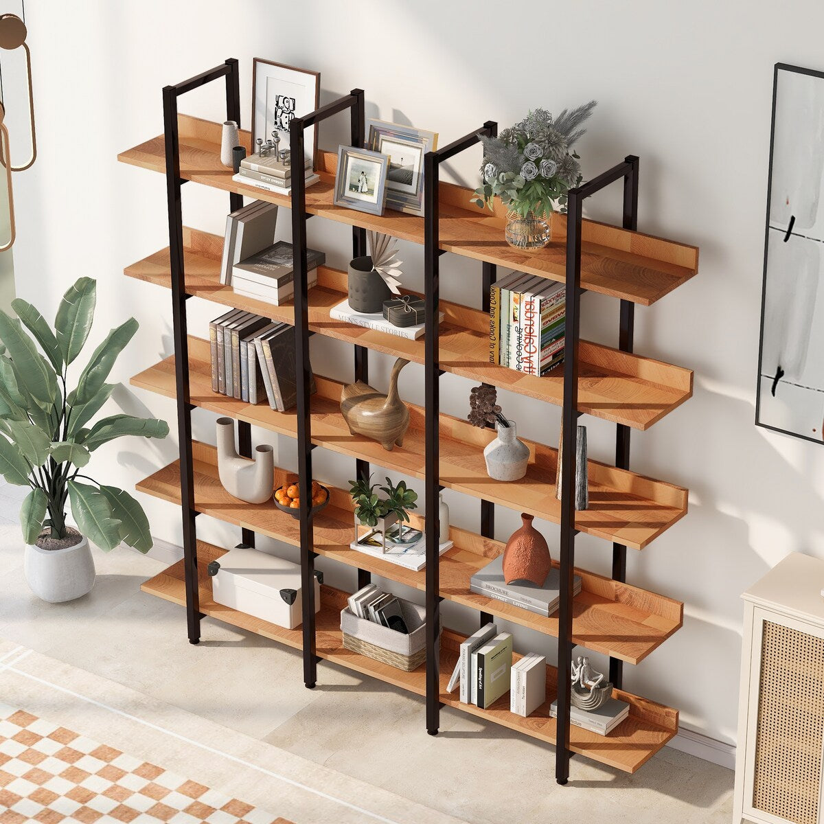 5 Tier Shelf Storage Home Office Open Bookshelf with Metal and MDF Board