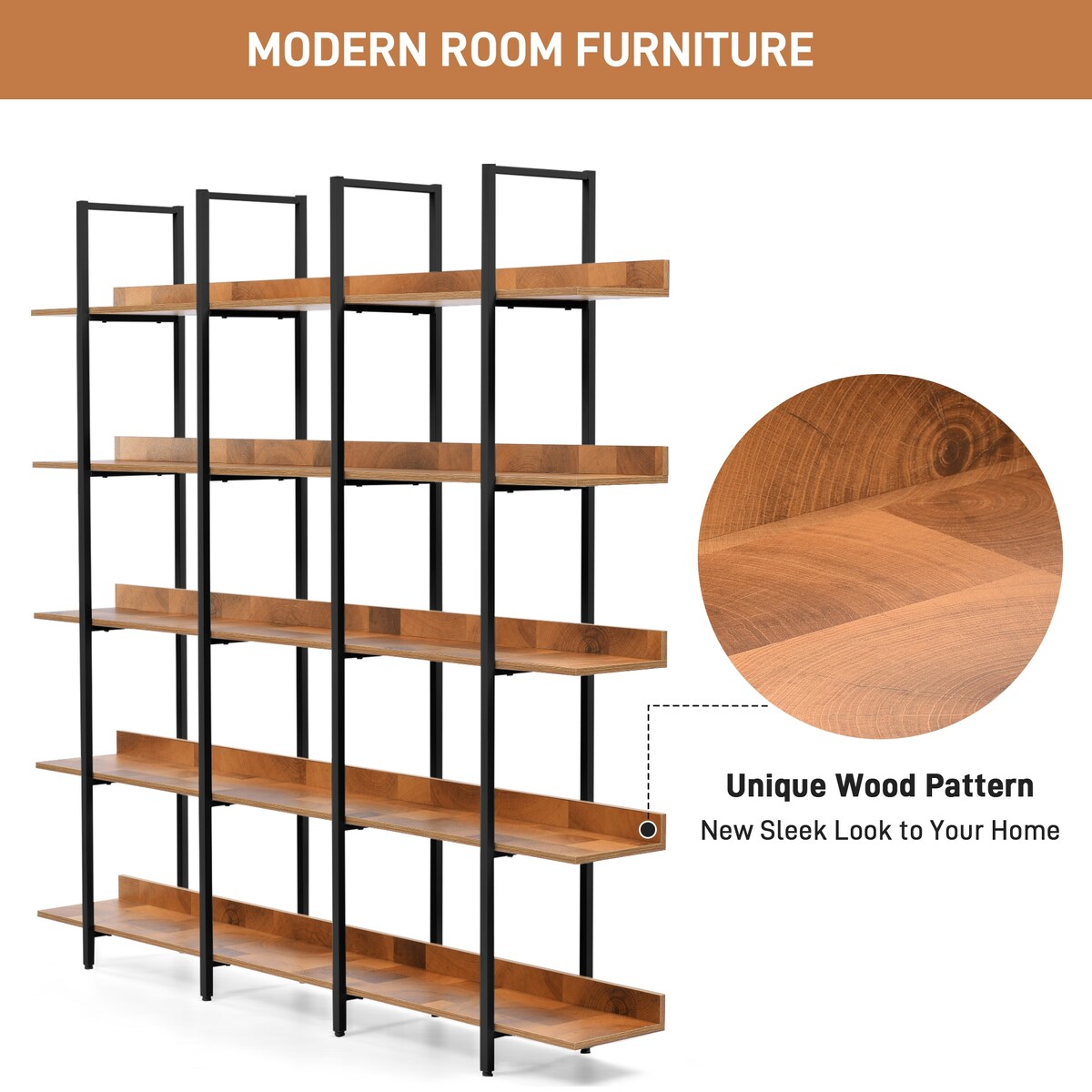 5 Tier Shelf Storage Home Office Open Bookshelf with Metal and MDF Board