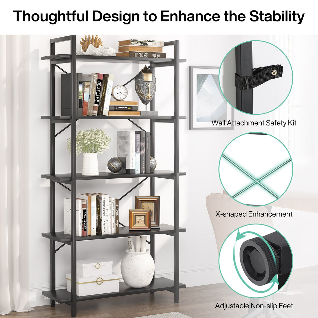 5 Tier Shelf Unit Bookshelf Bookcase for Living Room, Study, Home Office