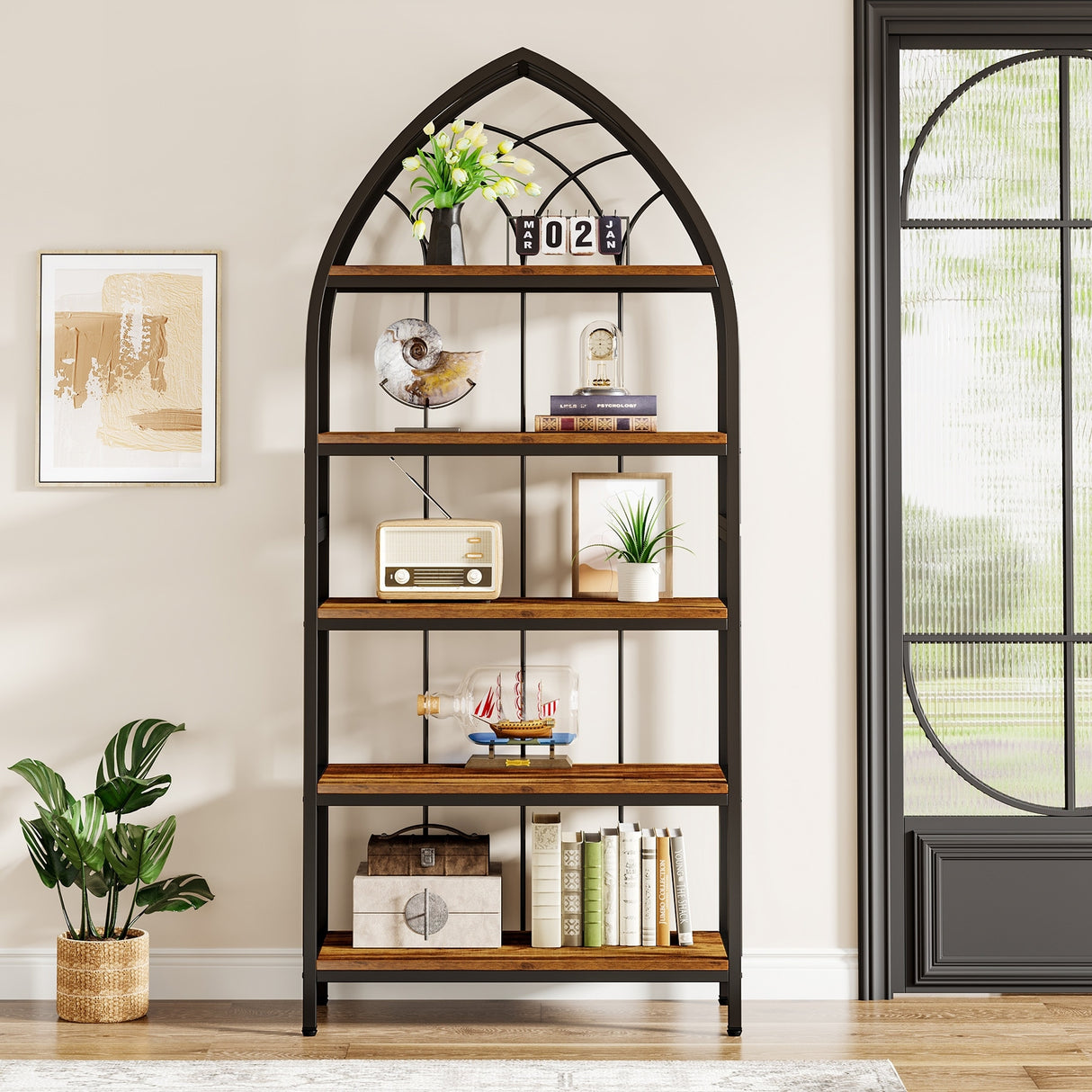 5-Tier Tall Bookshelf, 74.8-Inch Bookshelf, Industrial Curved Freestanding Display Shelf