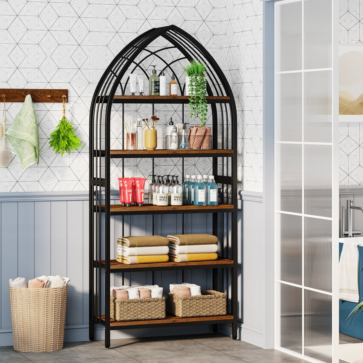 5-Tier Tall Bookshelf, 74.8-Inch Bookshelf, Industrial Curved Freestanding Display Shelf