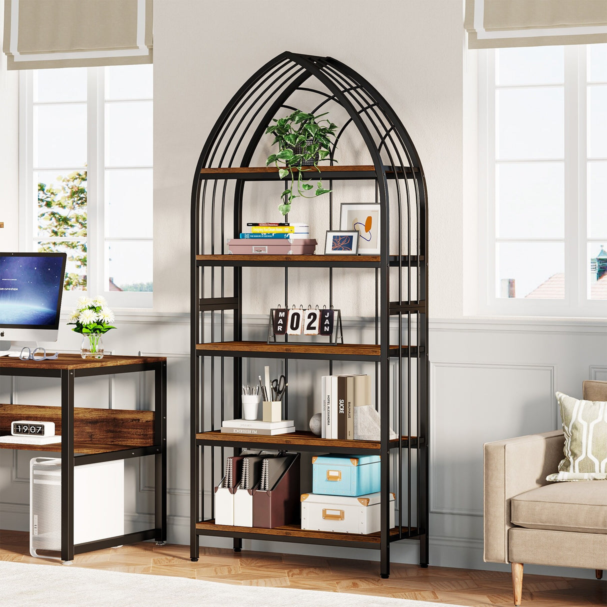 5-Tier Tall Bookshelf, 74.8-Inch Bookshelf, Industrial Curved Freestanding Display Shelf