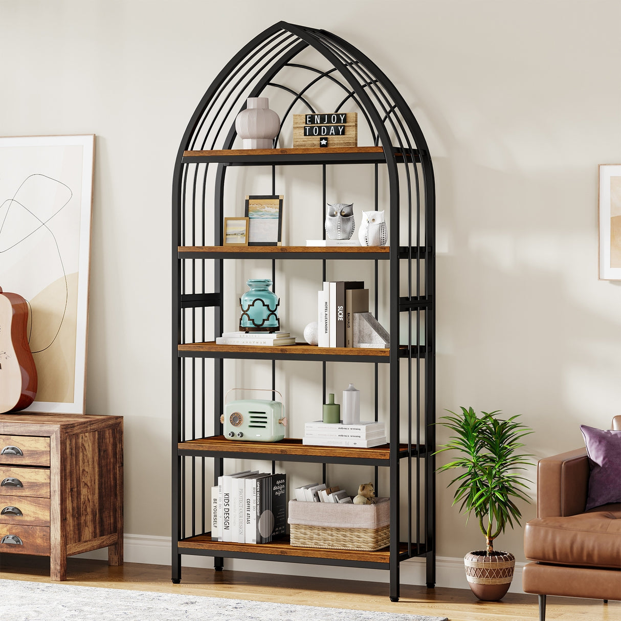5-Tier Tall Bookshelf, 74.8-Inch Bookshelf, Industrial Curved Freestanding Display Shelf