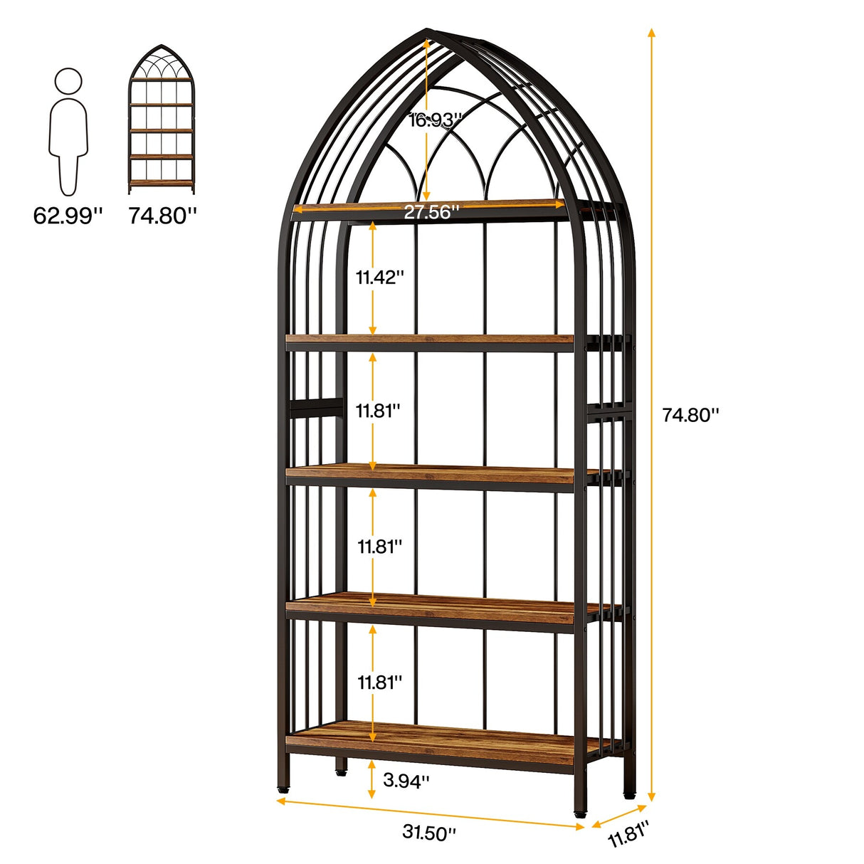5-Tier Tall Bookshelf, 74.8-Inch Bookshelf, Industrial Curved Freestanding Display Shelf