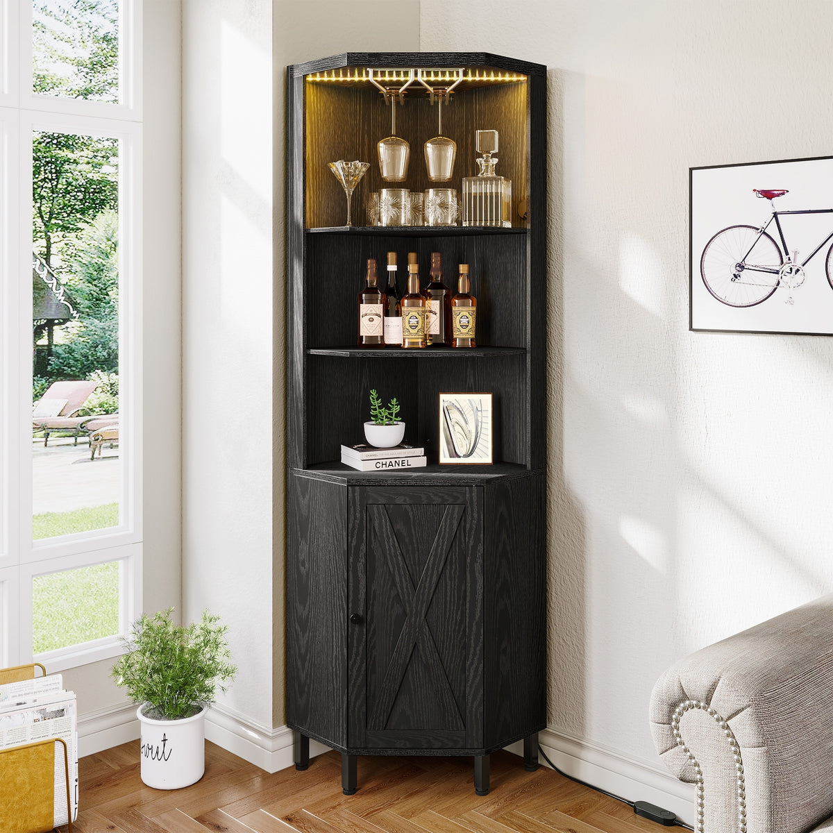 5 Tiers Corner Bar Cabinet Wine Rack Display Shelves with LED Lights a