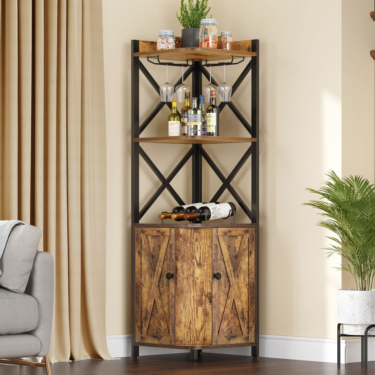 5-Tiers Rustic Wood Liquor Corner Bar Cabinet with Glass & Wine Holder