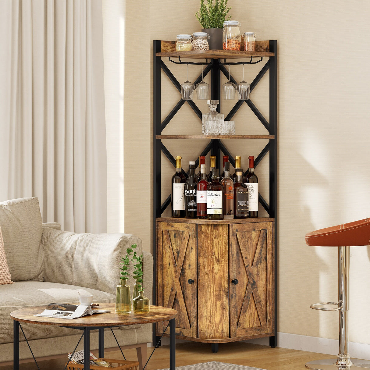 5-Tiers Rustic Wood Liquor Corner Bar Cabinet with Glass & Wine Holder