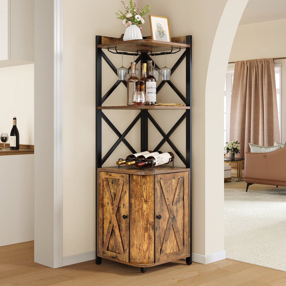 5-Tiers Rustic Wood Liquor Corner Bar Cabinet with Glass & Wine Holder