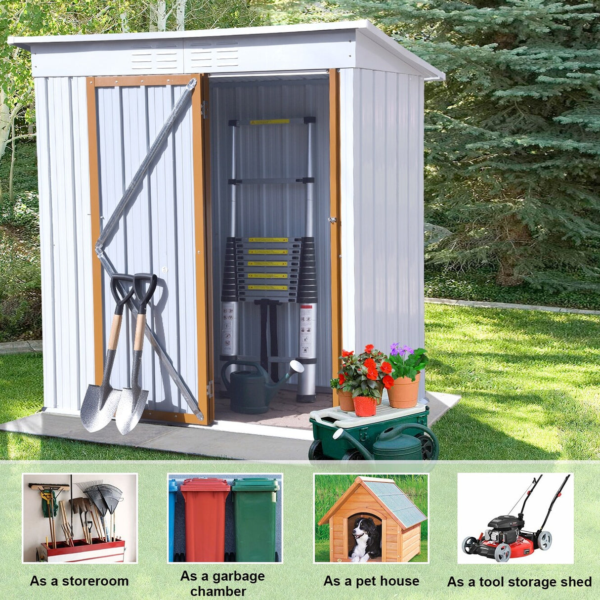5 X 3 Ft Outdoor Storage Shed, Galvanized Metal Garden Shed With Lockable Doors, Tool Storage Shed For Patio Lawn Backyard