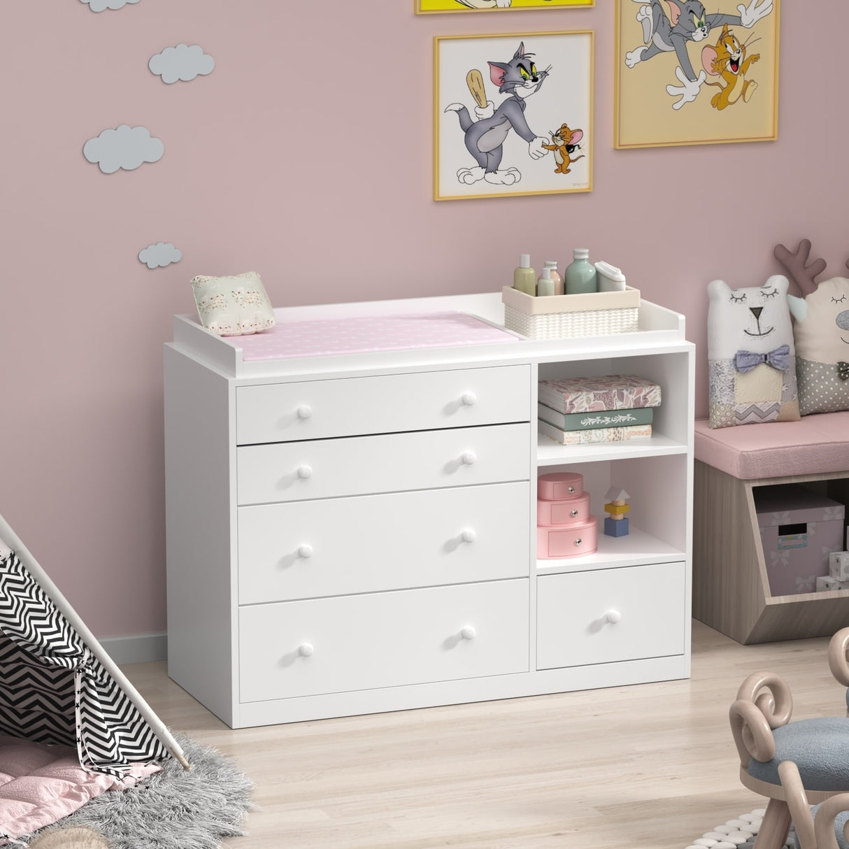 5-drawer Dresser Changing Table Large Dresser Chest 2-Shelves Cabinet