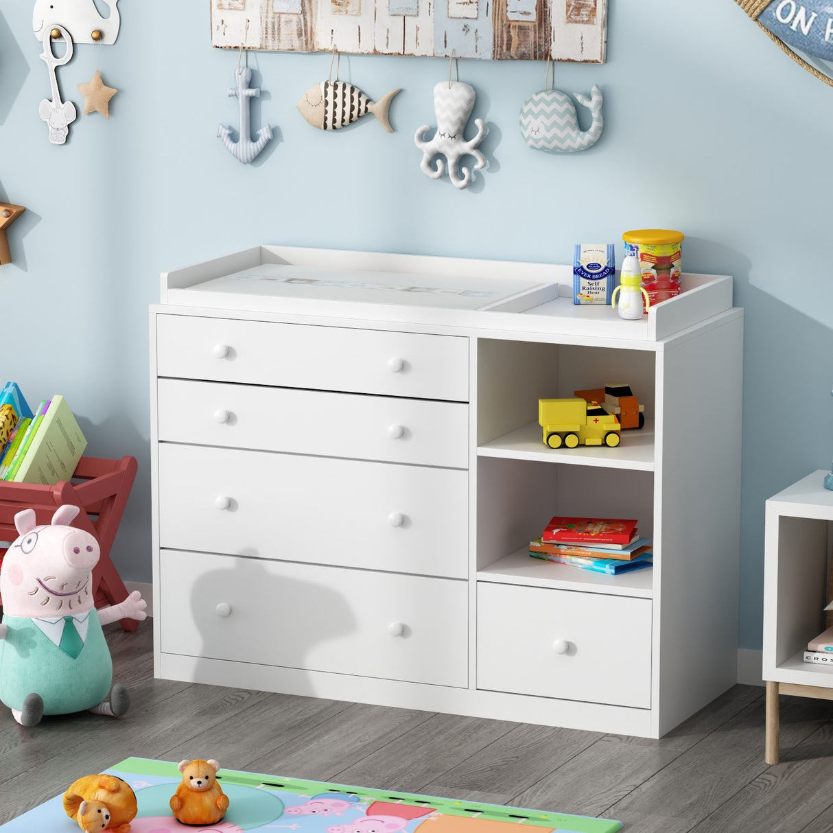 5-drawer Dresser Changing Table Large Dresser Chest 2-Shelves Cabinet