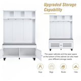 5-in-1 Entryway Bench with Shutter-shaped doors, Coat Rack, Cushion and 4 Sturdy Hooks, 47.2'' W Hall Tree